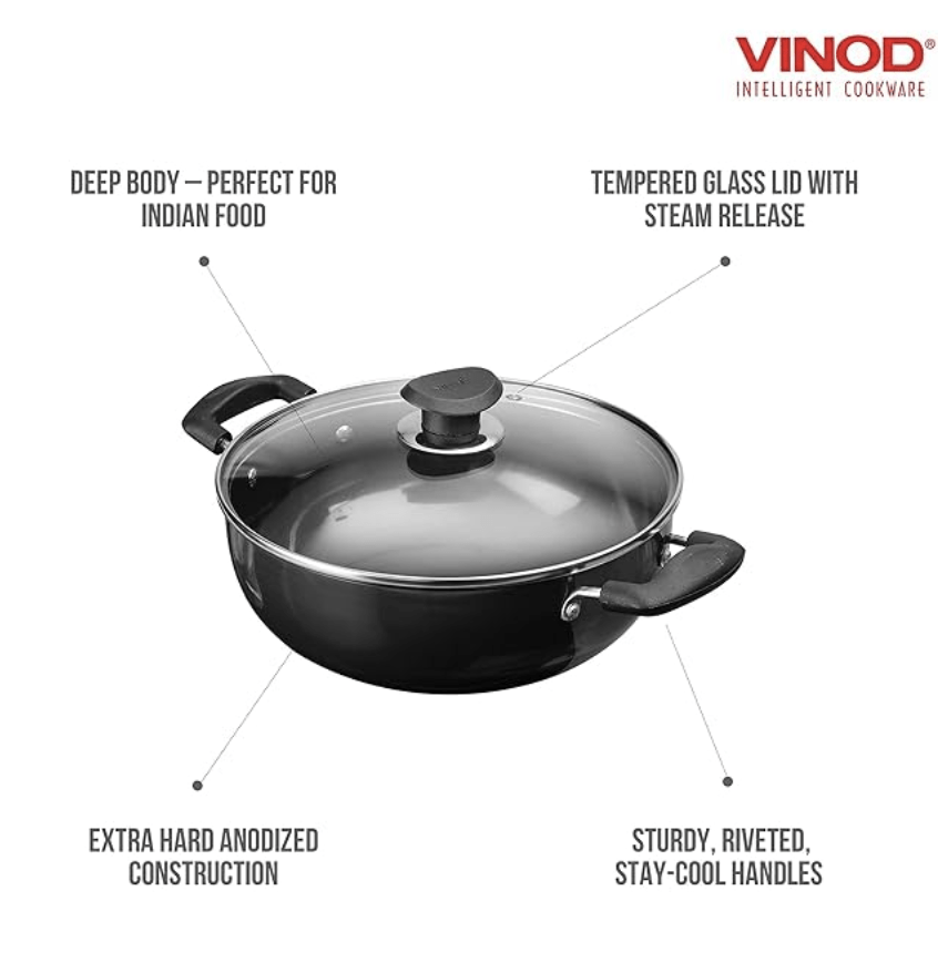 Vinod Black Pearl Hard Anodised Non Stick Deep Kadhai with Glass Lid - 3.1 LTR, 24 cm | 3.25mm Thickness | kadai for Cooking | Metal Spoon Friendly | 2 Year Warranty