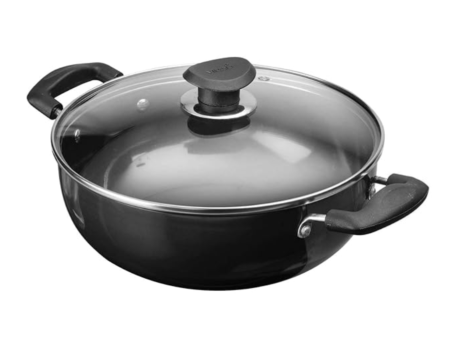 Vinod Black Pearl Plus Hard Anodised Deep Kadhai with Lid - 2.6 litre, 22 cm | 3.25mm Thick | Natural Stick Free Kadai | Metal Spoon Friendly | 2 Year Warranty | Induction Base