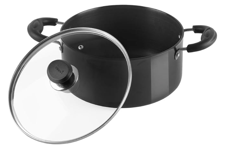 Vinod Black Pearl Hard Anodised Saucepot with Glass Lid 7 litres Capacity (26 cm Diamater) with Riveted Sturdy Handles - 3.25 mm Thickness, Black (Gas Stove Compatible)-1