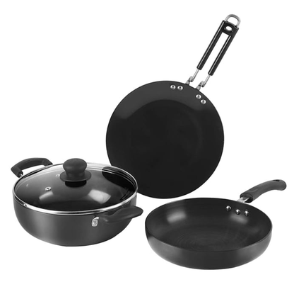 Vinod Black Pearl Hard Anodised Cookware Set of 3 | 3 litre Deep Kadai, 24cm Deep Frypan, 25cm Tawa | Common Glass Lid | Metal Spoon Friendly | Induction Base | 2 Year Warranty