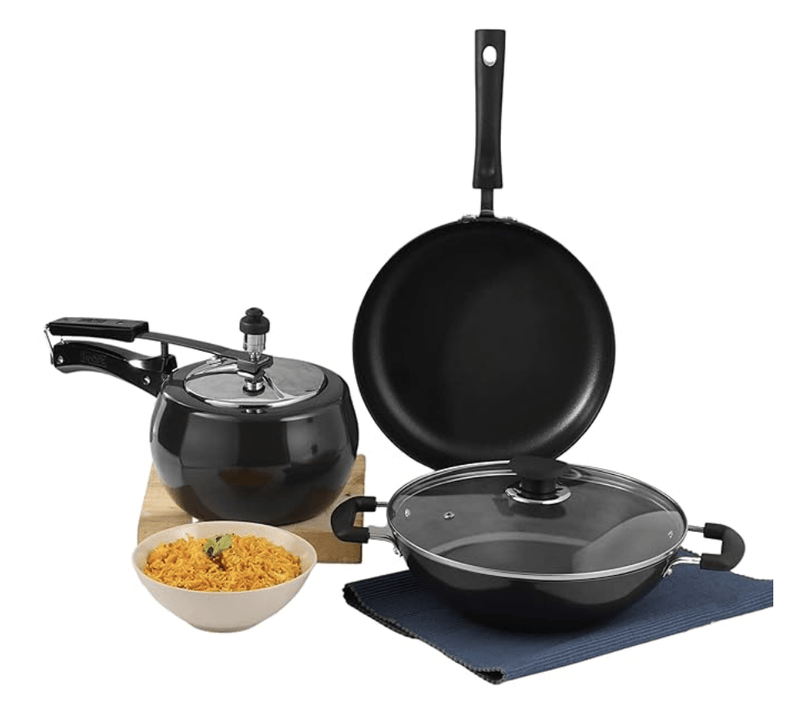 Vinod Trio Hard Anodised Cookware Set of 3 | 3 litre Kadai and 26 cm Frypan with Common Lid, 3 litre Pressure Cooker | 3.25 mm Thick| Induction and Gas Base | 2 Year Warranty-1
