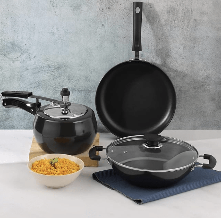 Vinod Trio Hard Anodised Cookware Set of 3 | 3 litre Kadai and 26 cm Frypan with Common Lid, 3 litre Pressure Cooker | 3.25 mm Thick| Induction and Gas Base | 2 Year Warranty