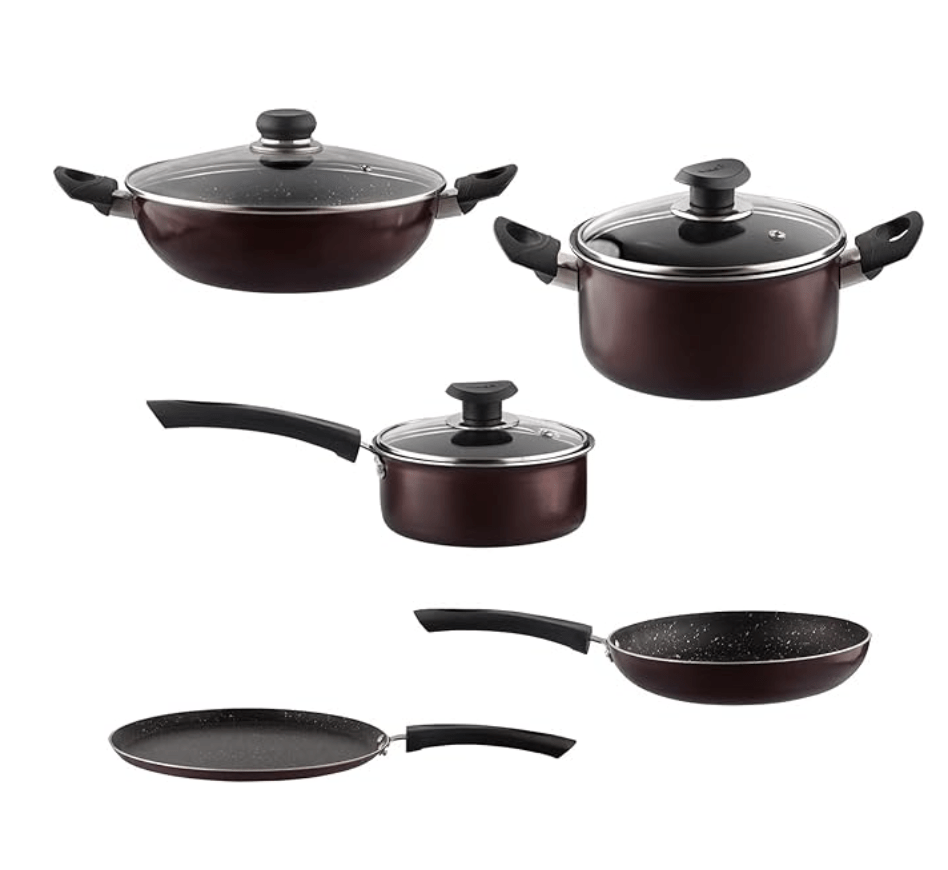 Vinod Supreme Non Stick Cookware Set Combo 5 Pieces | Kadai/Kadhai, Saucepan with Lid, Dosa Tawa, Frypan | 5-Ply Aluminum Layer (3mm Thick) | Gas and Induction Base | 2 Year Warranty