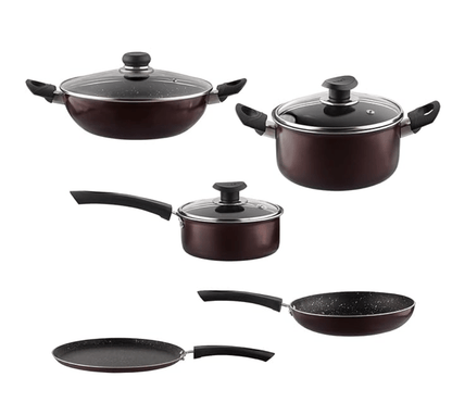Vinod Supreme Non Stick Cookware Set Combo 5 Pieces | Kadai/Kadhai, Saucepan with Lid, Dosa Tawa, Frypan | 5-Ply Aluminum Layer (3mm Thick) | Gas and Induction Base | 2 Year Warranty