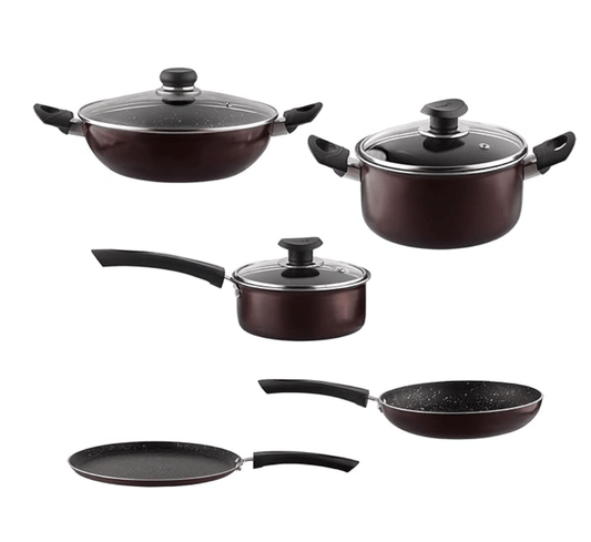 Vinod Supreme Non Stick Cookware Set Combo 5 Pieces | Kadai/Kadhai, Saucepan with Lid, Dosa Tawa, Frypan | 5-Ply Aluminum Layer (3mm Thick) | Gas and Induction Base | 2 Year Warranty