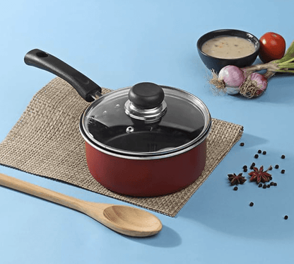 Vinod Zest Aluminium Non Stick Saucepan with Glass Lid - 1.6 litre, 16 cm | | Roti/Chapati/Dosa Tawa | 3mm Thick | Bakelite Handle | Induction Base | 1 Year Warranty