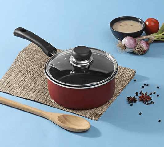 Vinod Zest Aluminium Non Stick Saucepan with Glass Lid - 1.6 litre, 16 cm | | Roti/Chapati/Dosa Tawa | 3mm Thick | Bakelite Handle | Induction Base | 1 Year Warranty