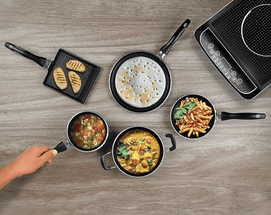 Vinod Zest Petit Aluminum Non Stick Cookware Set of 5 | Kadai, Frypan, Saucepan, Dosa Tawa, and Square Griller | 3-Ply Layer (3mm Thick) | Gas and Induction Base | 1 Year Warranty
