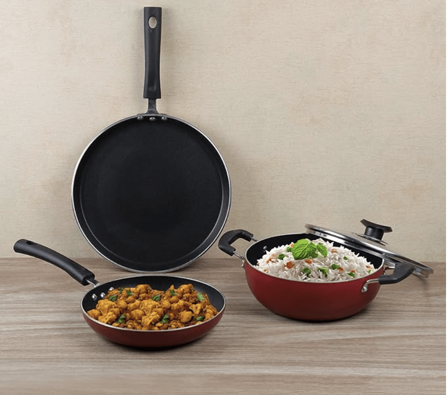 Vinod Zest Aluminium Non Stick Cookware Combo Set of 3 | 22 cm Kadai, 22 cm Frypan and 28 cm Dosa Tawa | 3 Layer Coating | Scratch Proof | Induction Base | 1 Year Warranty