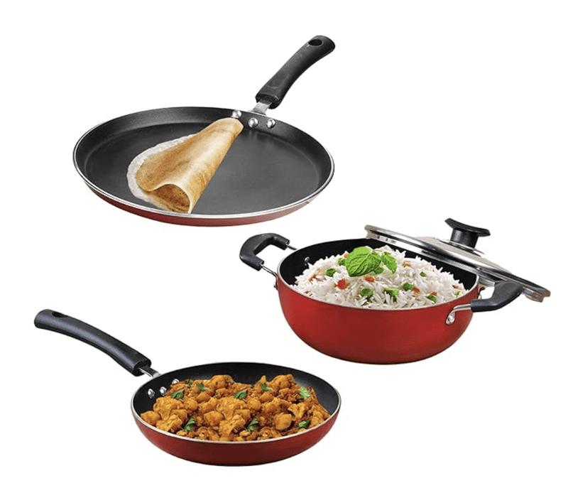 Vinod Zest Aluminium Non Stick Cookware Combo Set of 3 | 22 cm Kadai, 22 cm Frypan and 28 cm Dosa Tawa | 3 Layer Coating | Scratch Proof | Induction Base | 1 Year Warranty-1