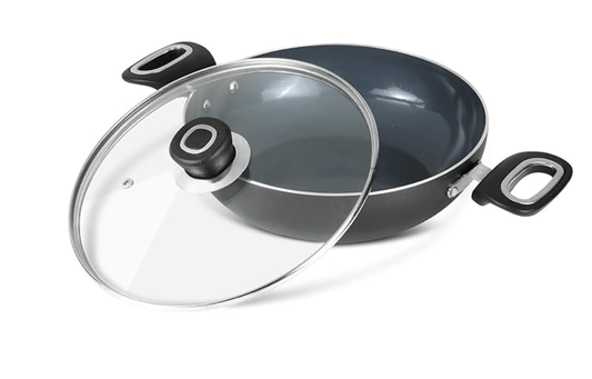 Vinod Zest Ceramica Kadai with Glass Lid - 2.5 Litre (24 cm) | Natural Stick Free Deep Kadhai | Stylish Handle | Toxin Free | Induction and Gas Base | 2 Year Warranty - Black