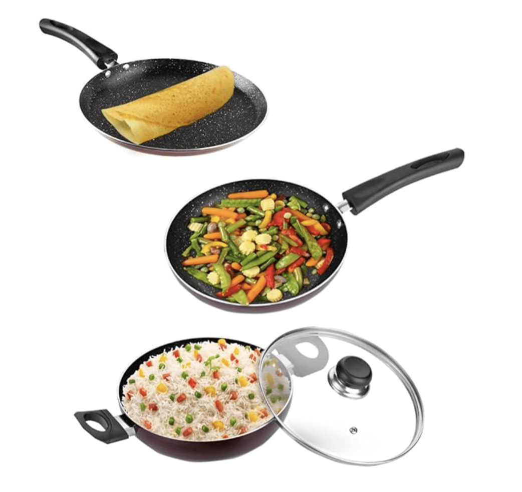 Vinod Supreme Aluminium Non Stick Cookware Set of 3 | 2.5 litre kadhai with Glass Lid, 22cm Frypan and 28cm Dosa Tawa | 5 Layer Coating | Induction Base - 2 Year Warranty