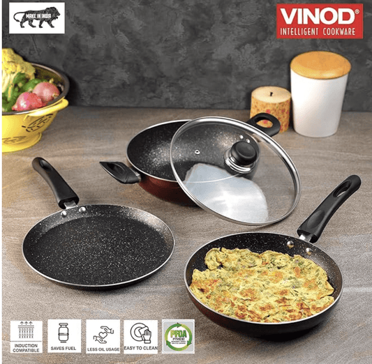 Vinod Supreme Aluminium Non Stick Cookware Set of 3 | 2.5 litre kadhai with Glass Lid, 22cm Frypan and 28cm Dosa Tawa | 5 Layer Coating | Induction Base - 2 Year Warranty