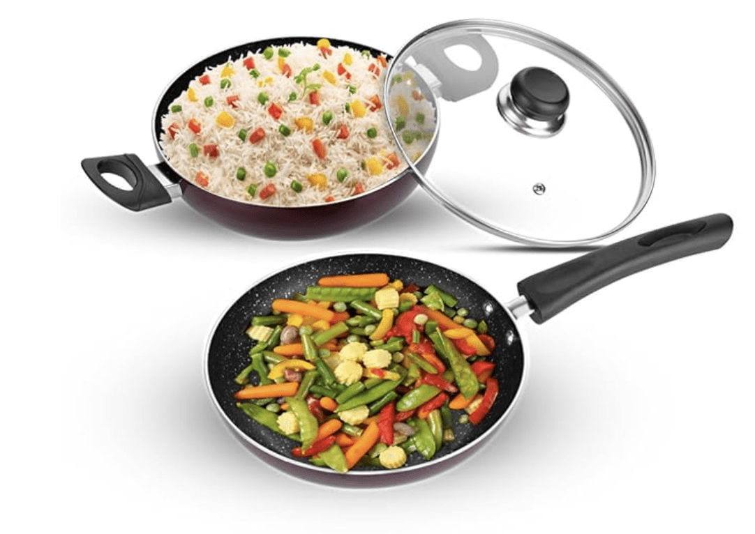 Vinod Supreme Aluminium Non Stick Cookware Set of 2 | 2 litre kadhai with Glass Lid, 1.2 litre Frypan | 5 Layer Coating |Metal Spoon Friendly | Induction Base - 2 Year Warranty