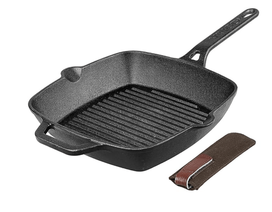 Vinod Legacy Pre Seasoned Cast Iron Grill Pan - 24 cm | Naturally Non Stick Loha Barbeque/Tandoor Grill Pan | 100% Pure | Easy Pour Spout | Toxin Free | Safety Sleeve