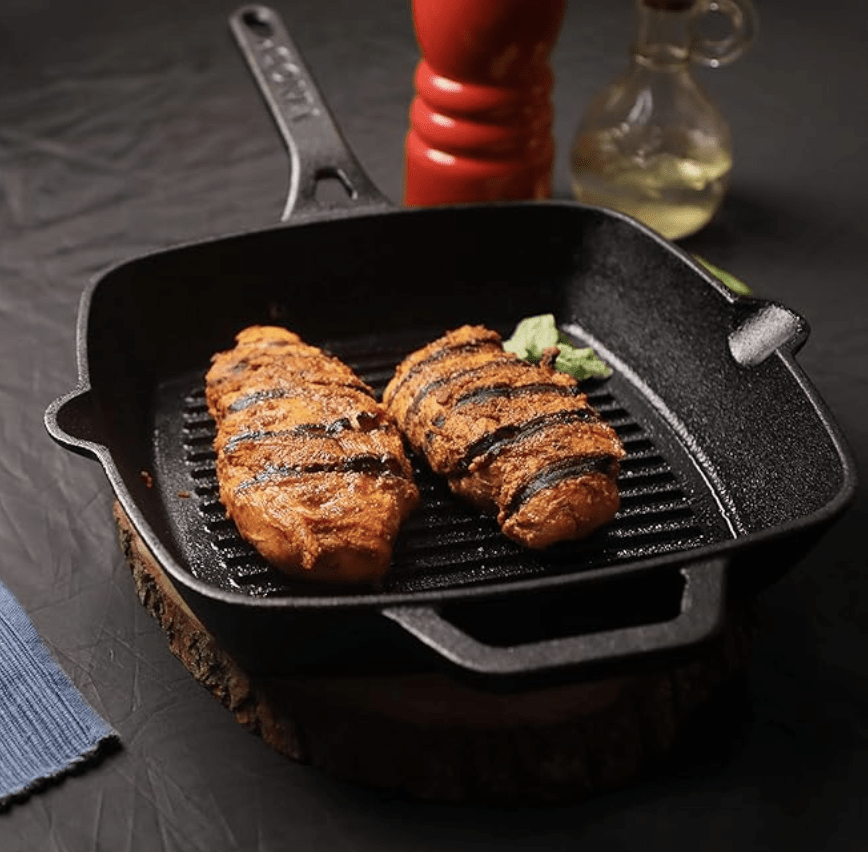Vinod Legacy Pre Seasoned Cast Iron Grill Pan - 24 cm | Naturally Non Stick Loha Barbeque/Tandoor Grill Pan | 100% Pure | Easy Pour Spout | Toxin Free | Safety Sleeve