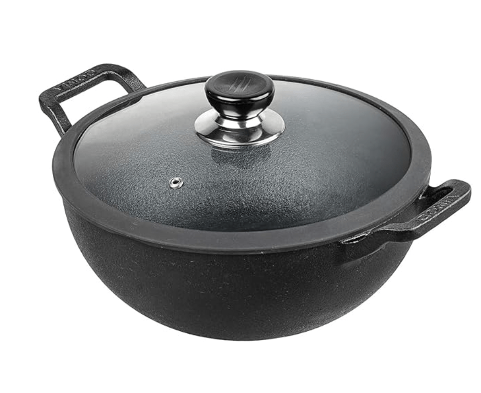 Vinod Legacy Pre Seasoned Cast Iron Kadai with Glass Lid - 3.3 litre, 24 cm | Naturally Non Stick Kadhai for Cooking | 100% Pure | Toxin Free | Safety Sleeve | Rust Proof