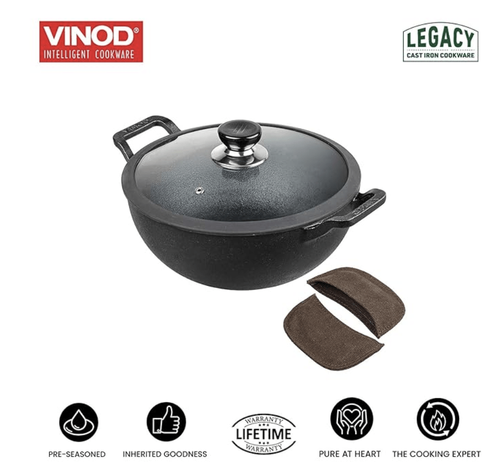Vinod Legacy Pre Seasoned Cast Iron Kadai with Glass Lid - 4.3 litre, 26 cm | Naturally Non Stick Kadhai for Cooking | 100% Pure | Toxin Free | Safety Sleeve | Rust Proof