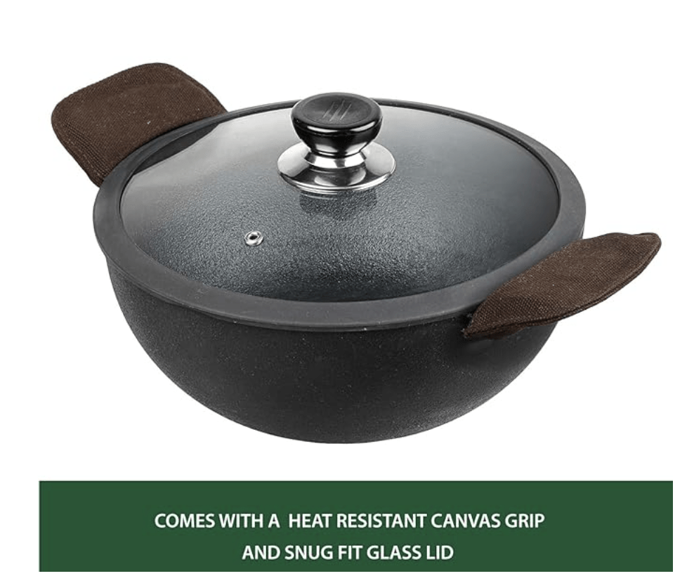 Vinod Legacy Pre Seasoned Cast Iron Kadai with Glass Lid - 4.3 litre, 26 cm | Naturally Non Stick Kadhai for Cooking | 100% Pure | Toxin Free | Safety Sleeve | Rust Proof-3