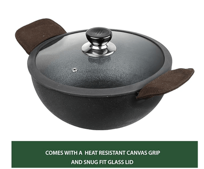 Vinod Legacy Pre Seasoned Cast Iron Kadai with Glass Lid - 2.4 litre, 22 cm | Naturally Non Stick Kadhai for Cooking | 100% Pure | Toxin Free | Safety Sleeve | Rust Proof