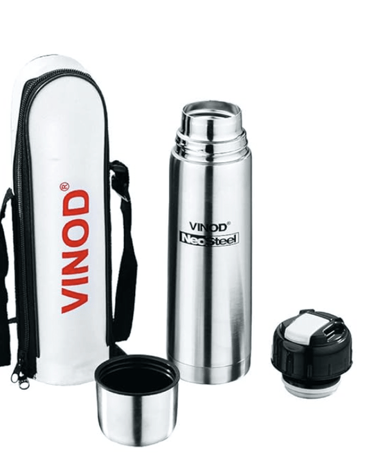 Vinod Bullet Stainless Steel Bottle 1000 ml| Stainless Steel Hot and Cold Flask| Double Wall Insulated Stainless Steel Flip Lid Flask with Jacket- Silver