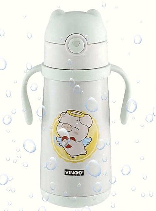 Vinod Champ Kids Stainless Steel Water Bottle - 380ml | Sipper Bottle | Silicone Straw | Leak Proof | BPA Free | For Kids, Boy, Girl | 1 Year Warranty - Light Green