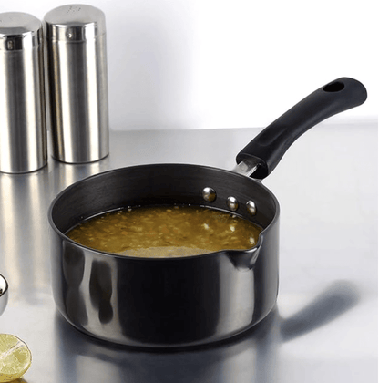 Vinod Black Pearl Hard Anodised Saucepan 1.7 litre, 16cm | 3.25mm Thick | Metal Spoon Friendly | Ezee Pour Spout | Bakelite Handle | Toxin Free | 2 Year Warranty - Black