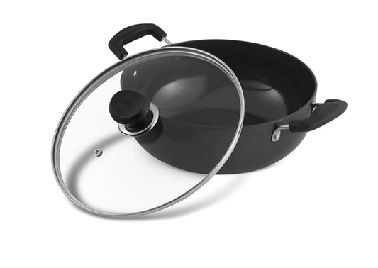 Vinod Black Pearl Plus Hard Anodised Deep Kadhai with Lid - 5.5 Litre, 28 cm | 3.25mm Thick | Natural Stick Free Kadai | Metal Spoon Friendly | 2 Year Warranty | Induction Base