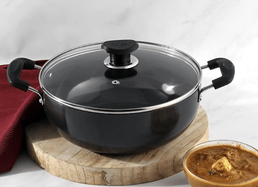 Vinod Black Pearl Plus Hard Anodised Deep Kadhai with Lid - 5.5 Litre, 28 cm | 3.25mm Thick | Natural Stick Free Kadai | Metal Spoon Friendly | 2 Year Warranty | Induction Base