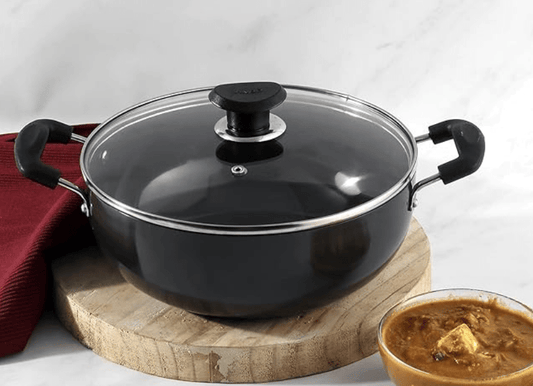 Vinod Black Pearl Plus Hard Anodised Deep Kadhai with Lid - 5.5 Litre, 28 cm | 3.25mm Thick | Natural Stick Free Kadai | Metal Spoon Friendly | 2 Year Warranty | Induction Base