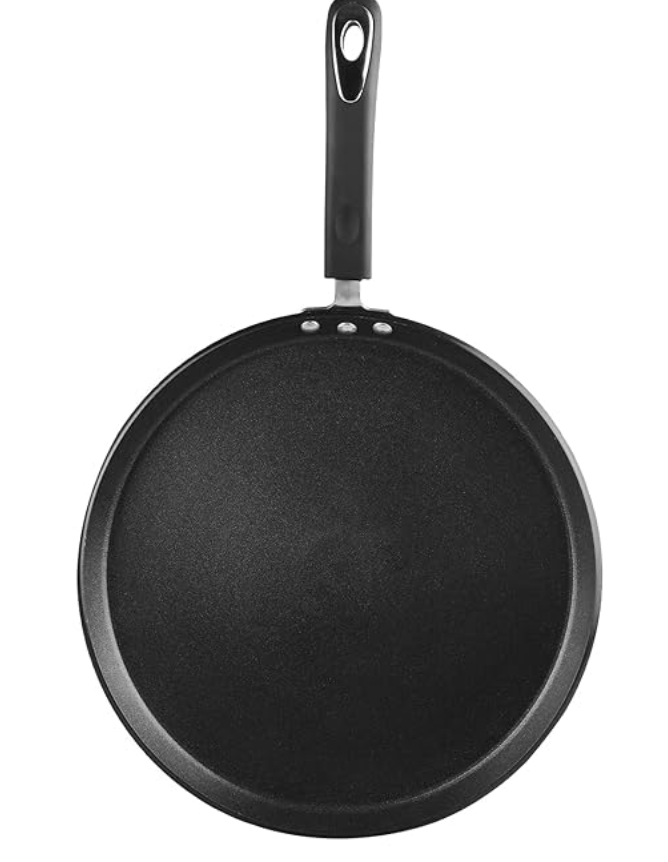 Vinod Hanos Non-Stick Dosa Tawa 30 cm Diameter, Hard Anodised Non-Stick Coating with Bakelite Riveted Handle - 5.25 mm Thickness, Black (Induction and Gas Stove Friendly)