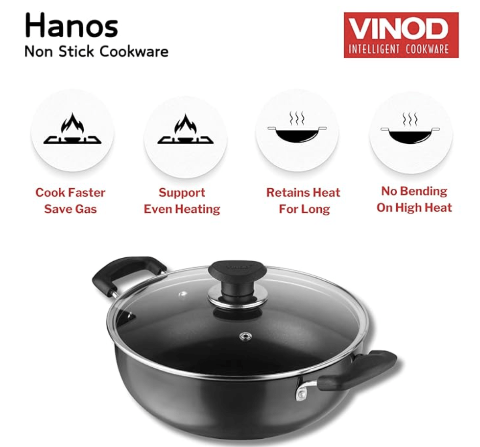 Vinod Hanos Hard Anodised Non Stick Deep Kadhai with Glass lid - 3.1 litre, 24 cm | 3.25mm Thick | 5X Non Stick | Metal Spoon Friendly | Induction base | 2 Year Warranty