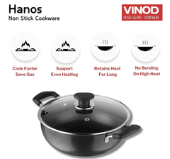 Vinod Hanos Hard Anodised Non Stick Deep Kadhai with Glass lid - 2.6 litre, 22 cm | 3.25mm Thick | 5X Non Stick | Metal Spoon Friendly | Induction base | 2 Year Warranty-2