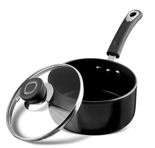 Vinod Hanos Hard Anodised Non Stick Saucepan with Lid - 1.7 litre, 16 cm | 3.25mm Thick | 5X Long Lasting | Soft Touch Handle, Scratch Proof | Induction & Gas Base | 2 Year Warranty
