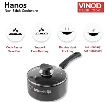 Vinod Hanos Hard Anodised Non Stick Saucepan with Lid - 1.7 litre, 16 cm | 3.25mm Thick | 5X Long Lasting | Soft Touch Handle, Scratch Proof | Induction & Gas Base | 2 Year Warranty