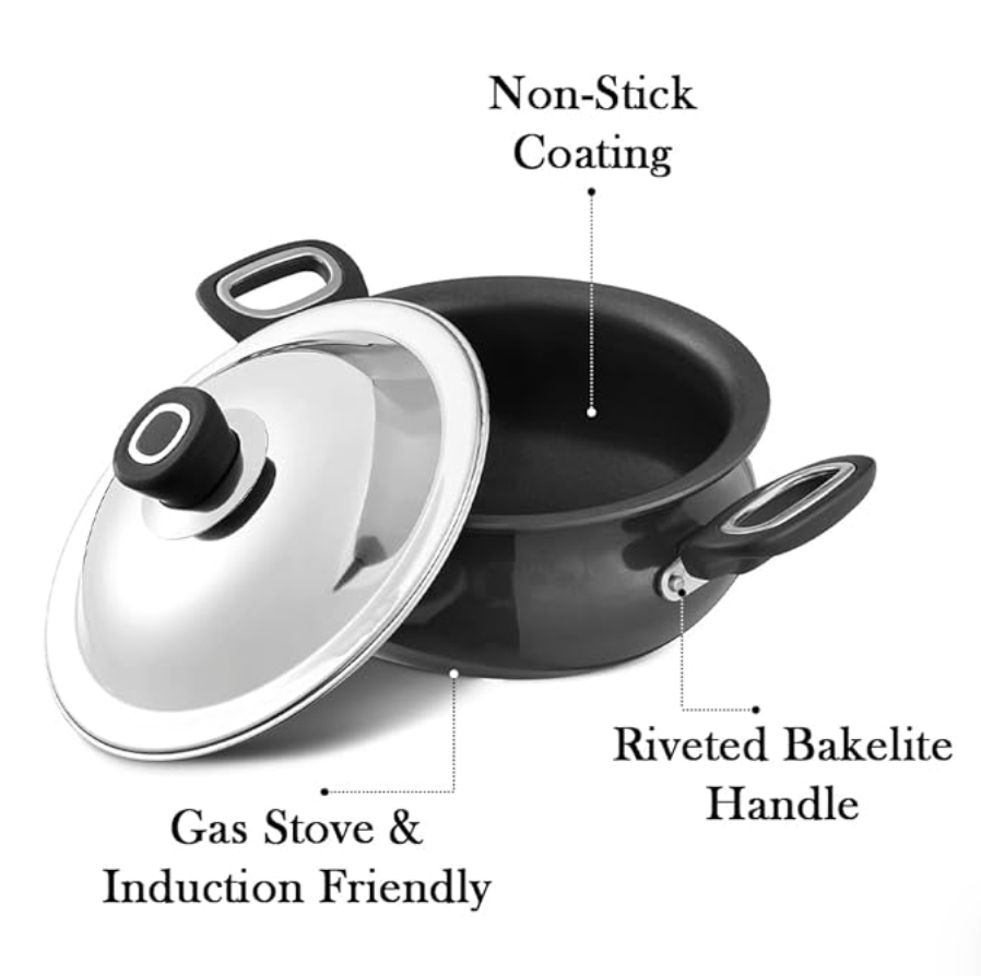 Vinod Hanos Hard Anodised Non Stick Handi with Lid - 3.8 litre Small | 3.25mm Thick | 5X Long Lasting | Soft Touch Handle, Scratch Proof | Induction & Gas Base | 2 Year Warranty