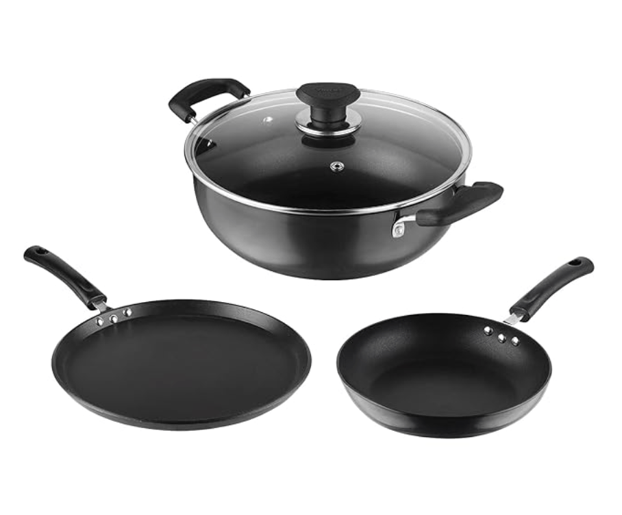 Vinod Hanos Non Stick Cookware Combo Set of 3 | 3.1 litre Kadhai and 24cm Frypan with Common Glass Lid, 27cm Dosa Tawa | Scratch Proof | Induction & Gas Base | 2 Year Warranty