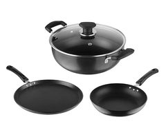 Vinod Hanos Non Stick Cookware Combo Set of 3 | 3.1 litre Kadhai and 24cm Frypan with Common Glass Lid, 27cm Dosa Tawa | Scratch Proof | Induction & Gas Base | 2 Year Warranty-1
