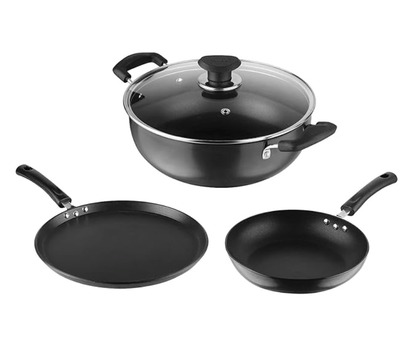 Vinod Hanos Non Stick Cookware Combo Set of 3 | 3.1 litre Kadhai and 24cm Frypan with Common Glass Lid, 27cm Dosa Tawa | Scratch Proof | Induction & Gas Base | 2 Year Warranty