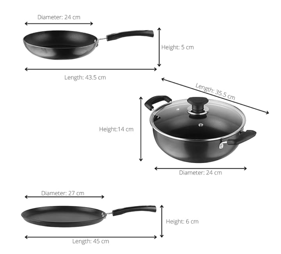 Vinod Hanos Non Stick Cookware Combo Set of 3 | 3.1 litre Kadhai and 24cm Frypan with Common Glass Lid, 27cm Dosa Tawa | Scratch Proof | Induction & Gas Base | 2 Year Warranty