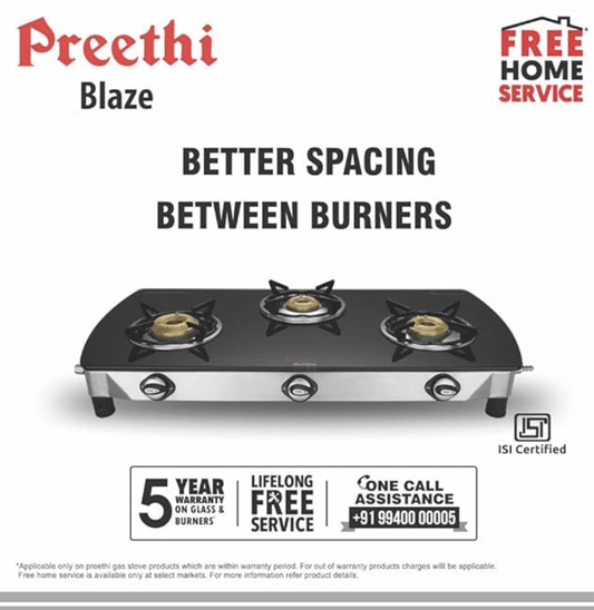 Preethi Blu Flame Blaze Glass top 3 Burner Gas Stove, Manual Ignition, Black (ISI Certified), GTS 117
