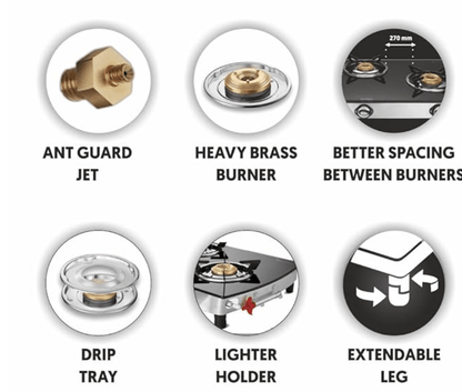 Preethi Blu Flame Blaze Glass top 3 Burner Gas Stove, Manual Ignition, Black (ISI Certified), GTS 117