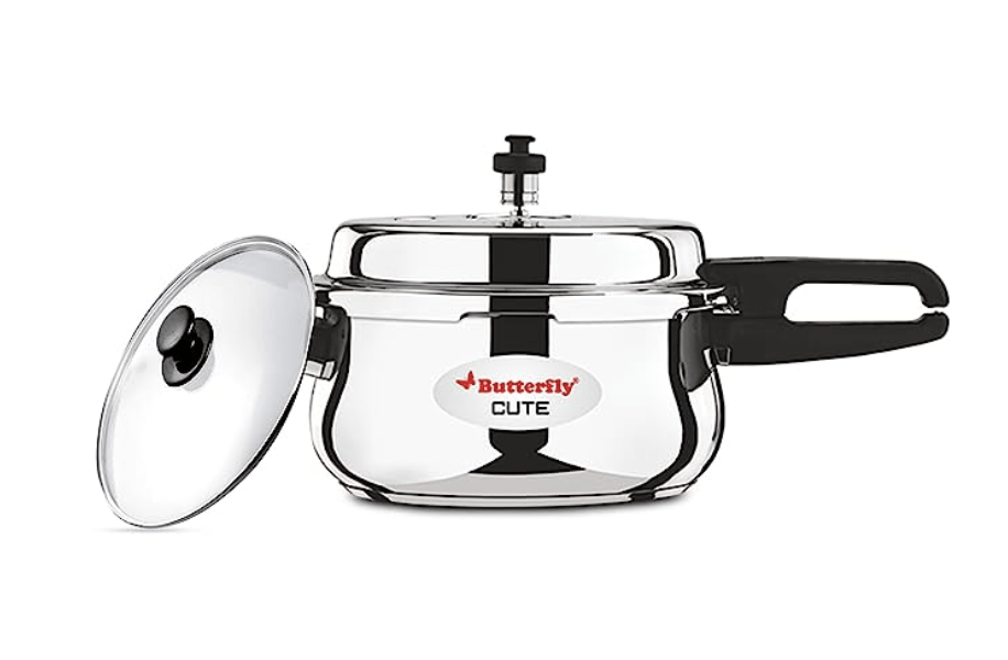 Butterfly Cute Ss Induction Compatible Outer Lid Stainless Steel Pressure Cooker With Glass Lid 2 liter, Silver