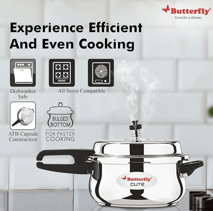 Butterfly Cute Ss Induction Compatible Outer Lid Stainless Steel Pressure Cooker With Glass Lid 5.5 liter, Silver