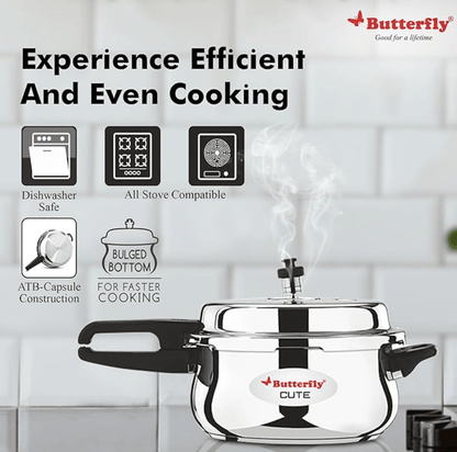 Butterfly Cute Ss Induction Compatible Outer Lid Stainless Steel Pressure Cooker With Glass Lid 5.5 liter, Silver