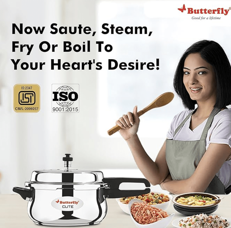 Butterfly Cute Ss Induction Compatible Outer Lid Stainless Steel Pressure Cooker With Glass Lid 5.5 liter, Silver