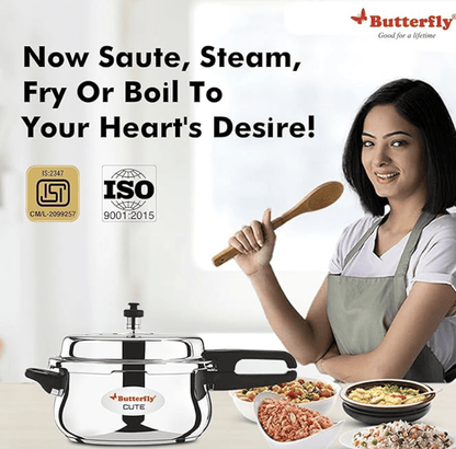 Butterfly Cute Ss Induction Compatible Outer Lid Stainless Steel Pressure Cooker With Glass Lid 5.5 liter, Silver