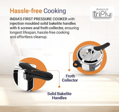 ULTRA Duracook 5.5 LStainless Steel Pressure Cooker AISI 304 Food Grade SS Pressure cooker(5.5 L),Froth collector,spillage control,Induction&cooktop compatible,Injection moulded Bakelite handles,ISI.-3