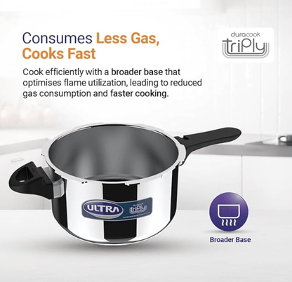 Ultra Duracook Pressure Cooker 8 Litre | AISI 304 Food Grade Stainless Steel Cooker | 10 Years Warranty | High Impact 3-Layer Composite Base | Injection Moulded Handles | Induction Compatible Base