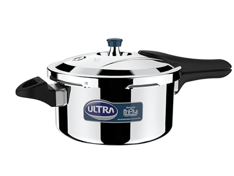 அல்ட்ரா டூராகூக் டிரிபிள் 4.5 எல் பிரஷர் குக்கர், எஸ்எஸ் 304 ஃபுட் கிரேடு, 'எஸ்சிடிஎஸ்' ஆன்டி-பல்ஜிங், ஃப்ரோத் கலெக்டர், பிராட் பேஸ் விரைவு சமையல் - காஸ் சேமிக்கிறது. சாலிட் பேக்லைட் ஹேண்டில்கள், 3 லேயர்டு பாடி, இண்டக்ஷன், ஐஎஸ்ஐ, 5 ஒய் உத்தரவாதம் 